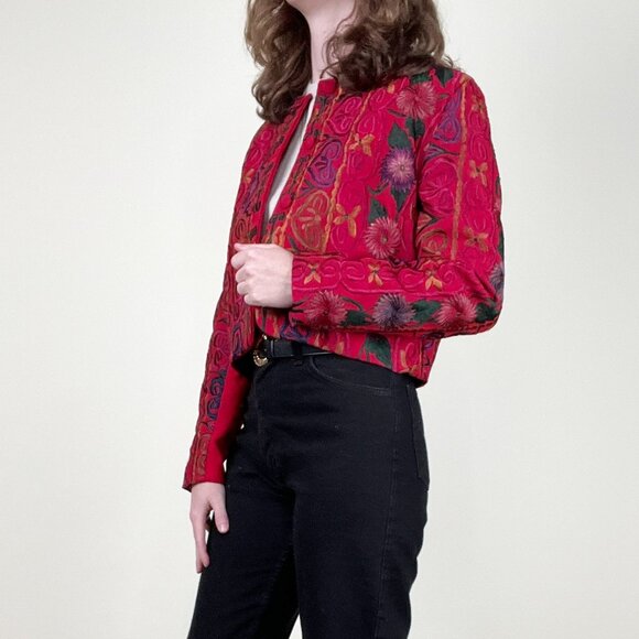 Vintage Embroidered Floral Blazer Jacket Coat Cropped Boho Chic Hippie Bohemian - Picture 2 of 7